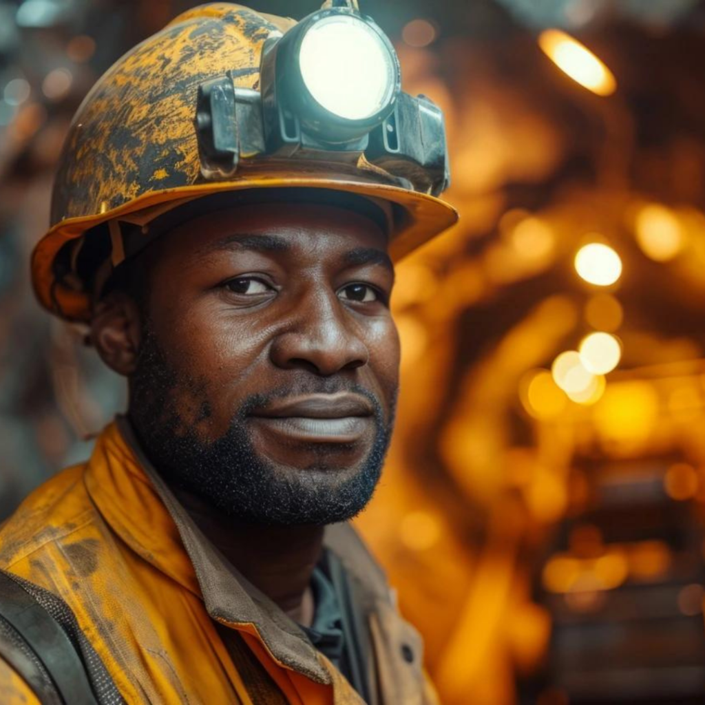 Portrait of a miner in Senegal wearing protective gear and a helmet with a light, representing the mining sector's focus on sustainable development and responsible resource exploitation